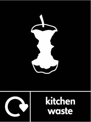 Kitchen waste recycling sign showing white recycling arrow and waste illustration and wording on a black portrait panel. Artwork ORGA0024.