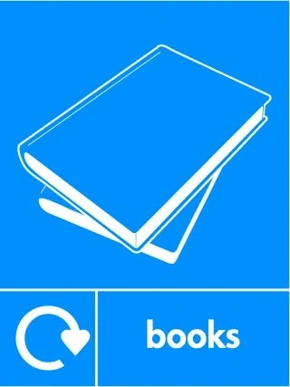 Books recycling sign showing white recycling arrow and material illustration and wording on a blue portrait panel. Artwork PAPE0039.