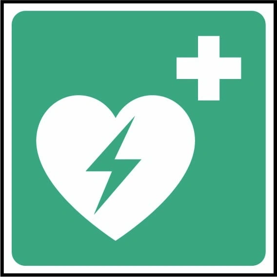 AED defibrillator pictogram sign showing heart lightning bolt and white cross. Artwork FAID0018.