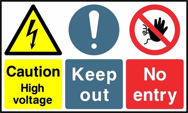 Caution — High voltage — Keep out — No entry. Side-by-side panels. Artwork MULT0044.