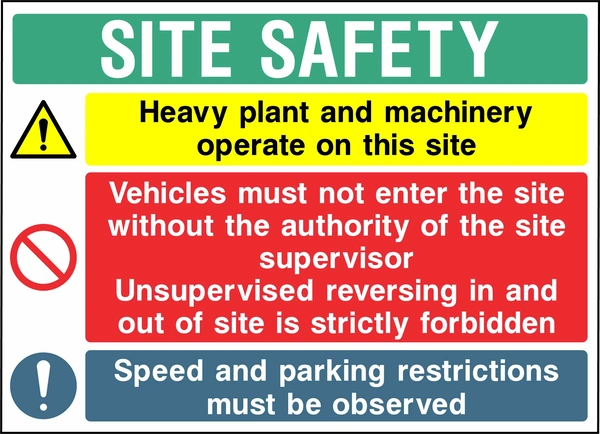 Collated site safety board covering heavy plant and machinery, authorised vehicle access, supervised reversing, speed restrictions and parking. CONS0017 artwork.