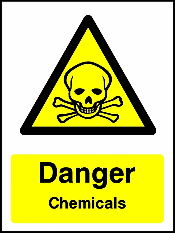 Danger — Chemicals sign with yellow triangular skull and crossbones pictogram above wording. Artwork CHEM0060.