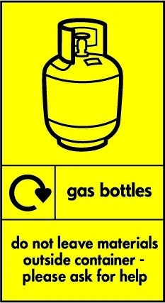 Gas bottles — Do not leave materials outside container — Please ask for help sign showing black pictogram and wording on a yellow panel with a circular recycling arrow. Artwork HAZA0012.