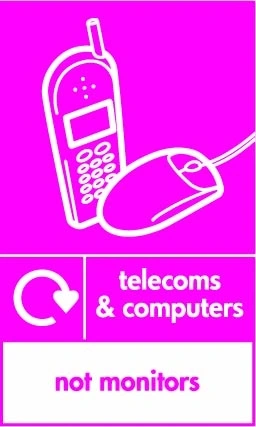 Telecoms & computers — Not monitors sign showing white phone and mouse pictogram with exclusion footer and small recycling arrow beside wording on magenta background. Artwork ELEC0112.