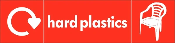 Hard plastics recycling sign showing white recycling arrow and plastic illustration and wording on a red letterbox panel. Artwork PLAS0010.