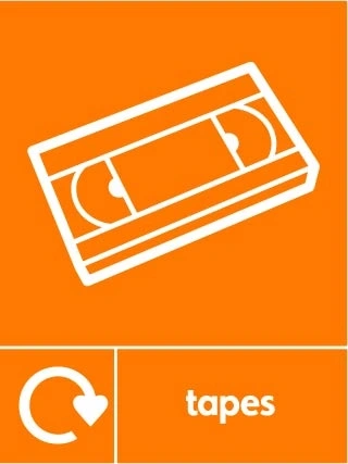 Tapes collection-point artwork with a white recycling arrow, item illustration and wording on orange. OTHE0039.