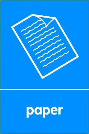 Paper recycling sign showing white material illustration and wording on a blue portrait panel. Artwork PAPE0037.