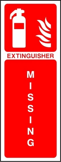 EXTINGUISHER MISSING sign showing narrow vertical missing-extinguisher notice. Artwork FEQP0065.