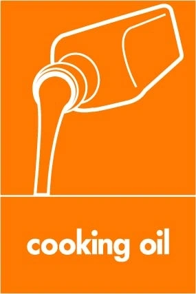 Cooking oil collection-point artwork with a white item illustration and wording on orange. OTHE0053.