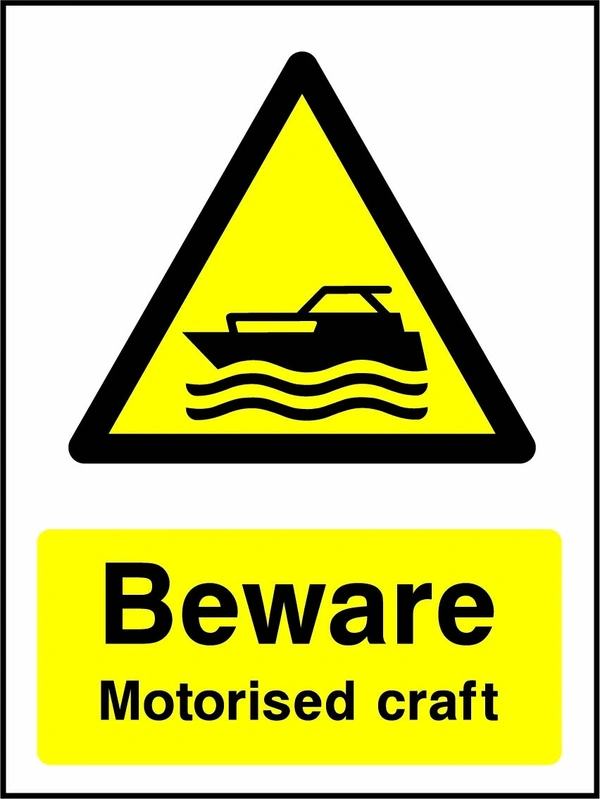Beware — Motorised craft sign showing a yellow warning triangle above the printed water or coastal hazard message. Artwork WATE0035.