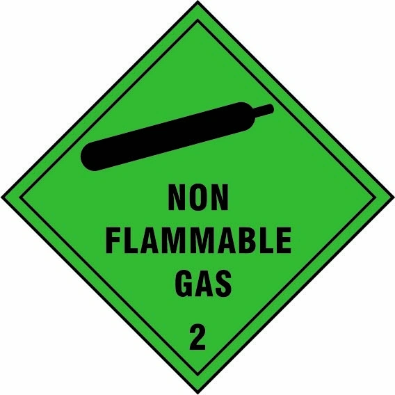 Non flammable gas — 2 sign showing diamond-shaped dangerous-substance symbol with supplied colours and markings. Artwork DANG0011.