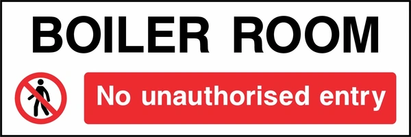 Boiler room — No unauthorised entry sign showing red pedestrian prohibition symbol and red no-entry panel below a room heading. Artwork ACCE0022.