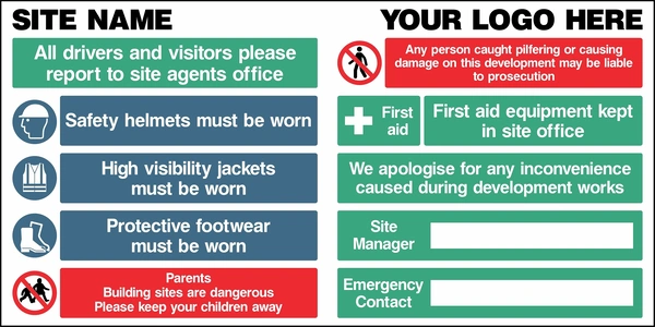 Landscape site-name board with logo placeholder, visitor reporting, PPE instructions, parents notice, first-aid information and site-manager/emergency-contact fields. CONS0123.