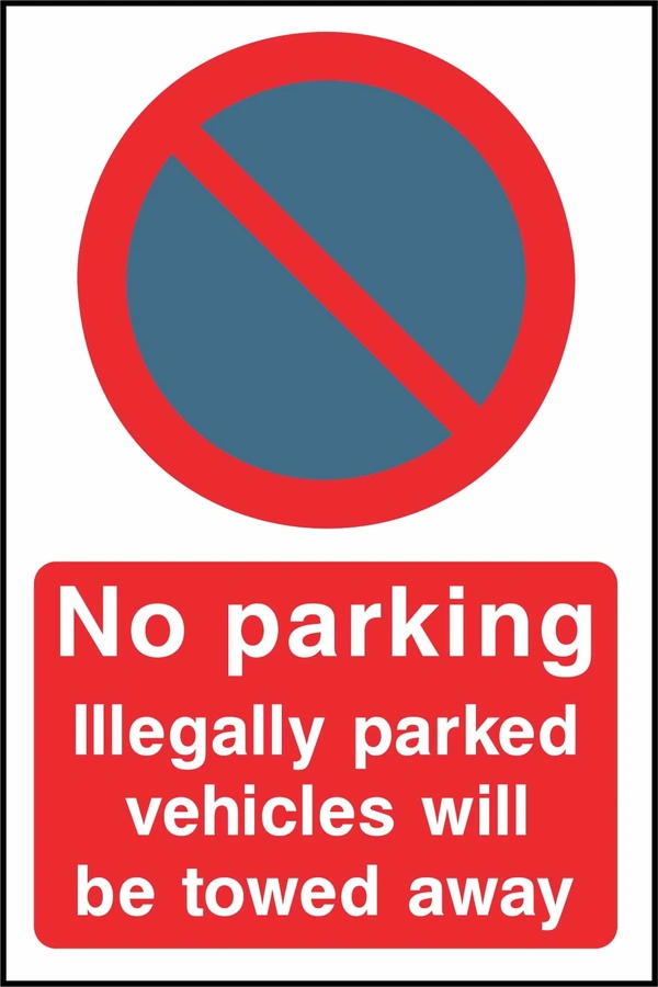 No parking — Illegally parked vehicles will be towed away sign. red-and-blue no-parking pictogram and wording. Supplied artwork PARK0071.