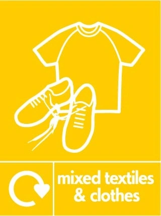 Mixed textiles & clothes recycling sign showing white recycling arrow and textile illustration and wording on a yellow portrait panel. Artwork TEXT0022.