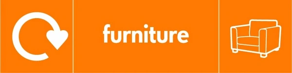 Furniture collection-point artwork with a white recycling arrow, item illustration and wording on orange. OTHE0025.