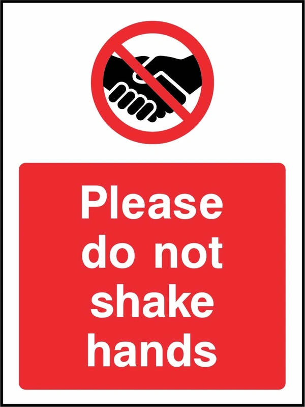 Please do not shake hands sign showing red handshake prohibition symbol above wording. Artwork GENE0116.
