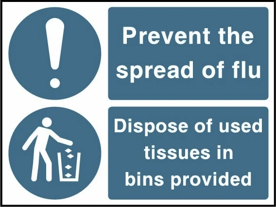 Prevent the spread of flu — Dispose of used tissues in bins provided. Workplace hygiene artwork FOOD0111.