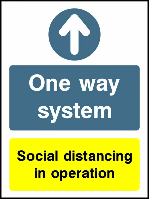 One way system — Social distancing in operation. the blue instruction panel, symbols and any yellow header shown. Artwork COVI0059.