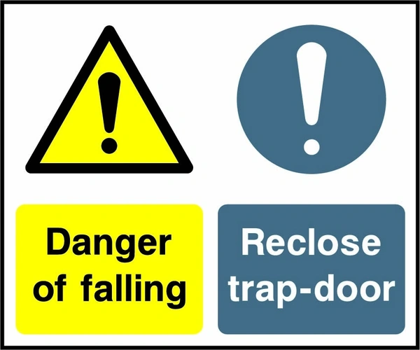 Danger of falling — Reclose trap-door sign showing collated yellow warning and blue mandatory panels. Artwork LIFT0002.