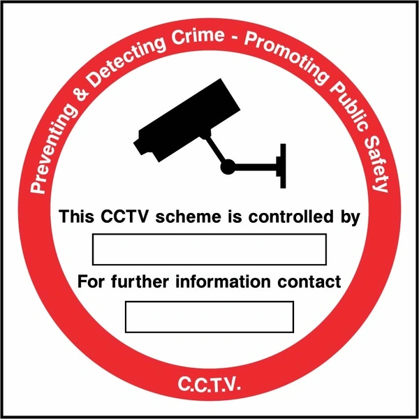 Preventing & Detecting Crime — Promoting Public Safety — CCTV sign. red-bordered CCTV information panel with blank details fields. Artwork SECU0027.