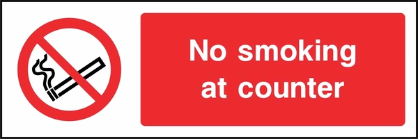 No smoking at counter sign. red cigarette or naked-flame prohibition pictogram beside a red wording panel. Artwork SMOK0012.