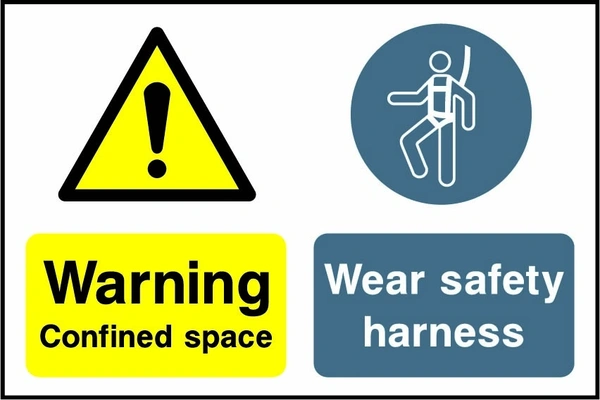 Warning — Confined space — Wear safety harness. Side-by-side panels. Artwork MULT0017.