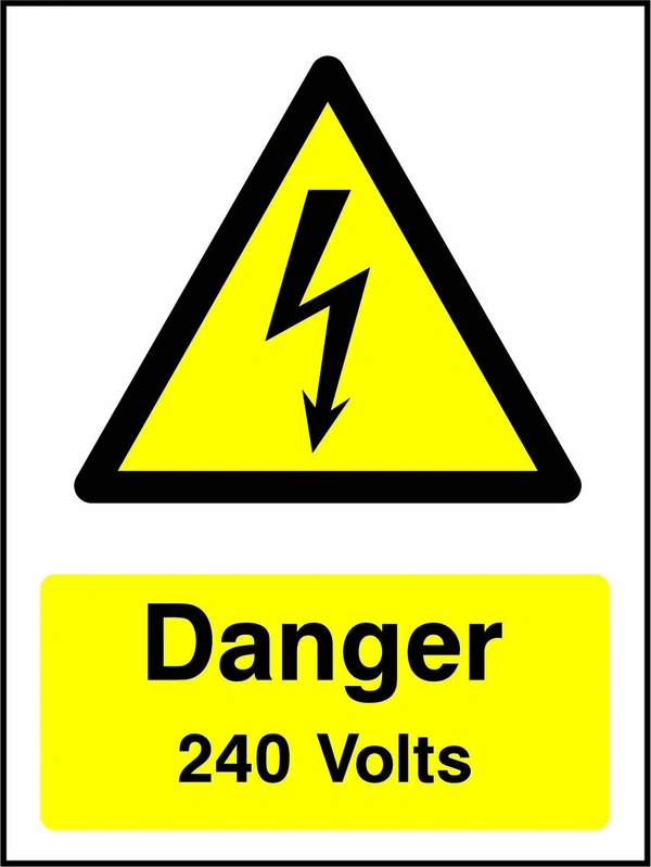 Danger — 240 Volts sign showing yellow electrical lightning bolt warning triangle above wording. Artwork ELEC0034.