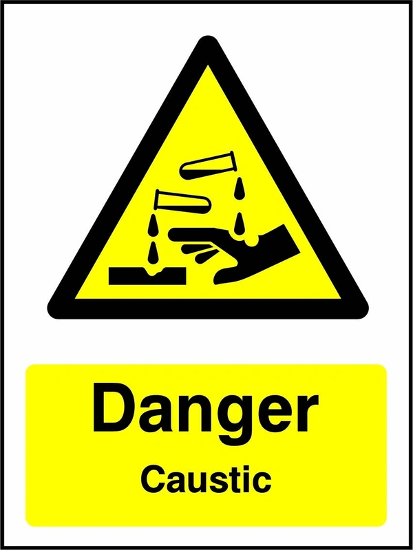 Danger — Caustic sign with yellow triangular corrosion pictogram above wording. Artwork CHEM0046.