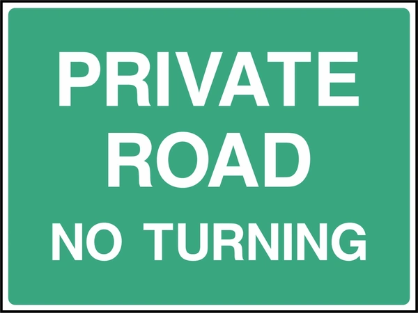 Private road — No turning sign showing white wording on a green panel. Artwork COUN0098.