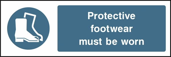 Protective footwear must be worn sign showing blue protective boot pictogram beside wording. Artwork PPE0016.