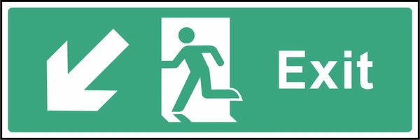 Green and white Exit sign showing down-left arrow. Artwork EMER0013.