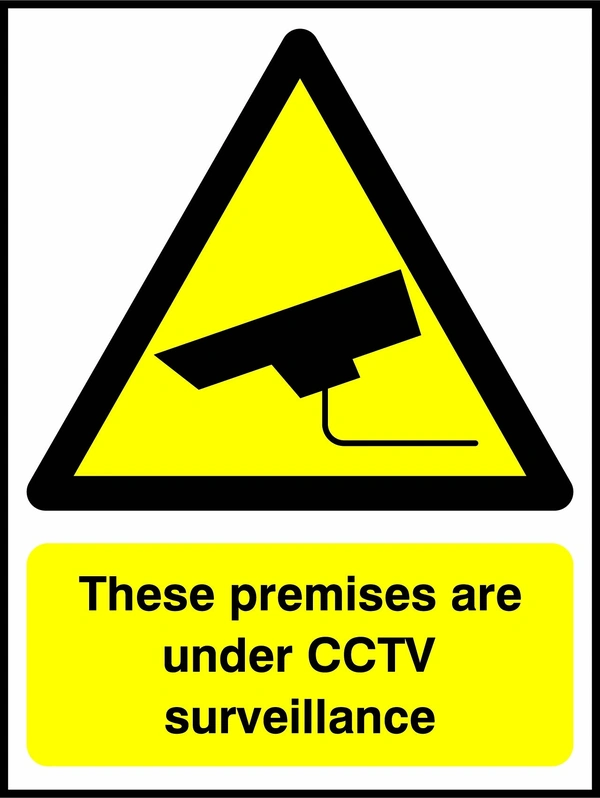 These premises are under CCTV surveillance sign. yellow CCTV camera warning triangle and wording. Artwork SECU0034.