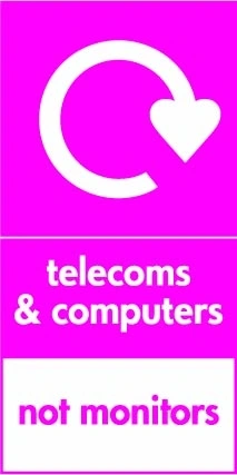 Telecoms & computers — Not monitors sign showing white recycling arrow pictogram with exclusion footer on magenta background. Artwork ELEC0097.