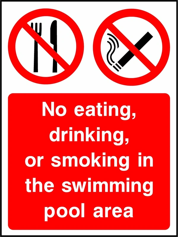 No eating, drinking, or smoking in the swimming pool area sign showing two red prohibition pictograms above the pool-area instructions. Artwork WATE0018.