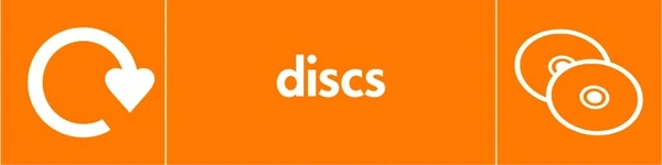 Discs collection-point artwork with a white recycling arrow, item illustration and wording on orange. OTHE0024.