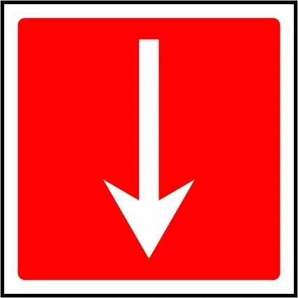 Fire equipment direction — Down sign showing white downward arrow on red. Artwork FEQP0057.