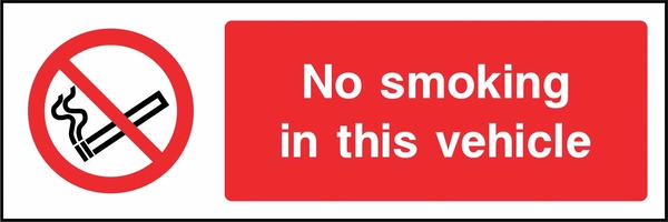 No smoking in this vehicle sign. red cigarette or naked-flame prohibition pictogram beside a red wording panel. Artwork SMOK0007.
