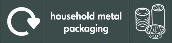 Household metal packaging recycling sign showing white recycling arrow, material illustration and wording on a dark grey letterbox panel. Artwork META0024.
