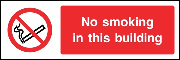 No smoking in this building sign. red cigarette or naked-flame prohibition pictogram beside a red wording panel. Artwork SMOK0010.