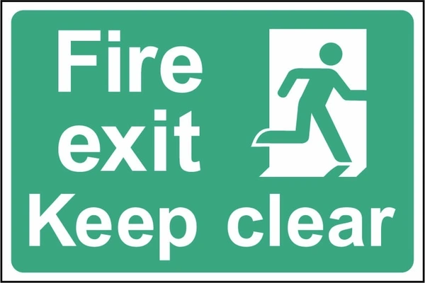 Fire exit — Keep clear sign showing green exit panel with running person. Artwork EMER0086.