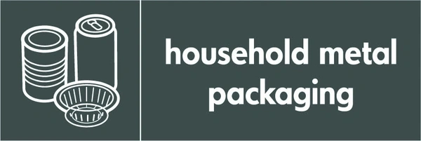 Household metal packaging recycling sign showing white material illustration and wording on a dark grey letterbox panel. Artwork META0017.