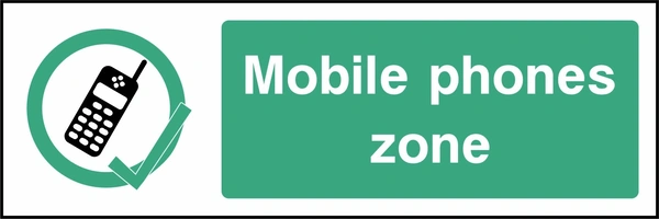 Mobile phones zone sign showing mobile phone with green tick symbol beside wording. Artwork GENE0133.