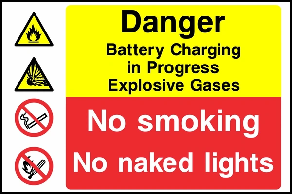 Danger — Battery charging in progress explosive gases — No smoking — No naked lights. Stacked message panels. Artwork MULT0032.