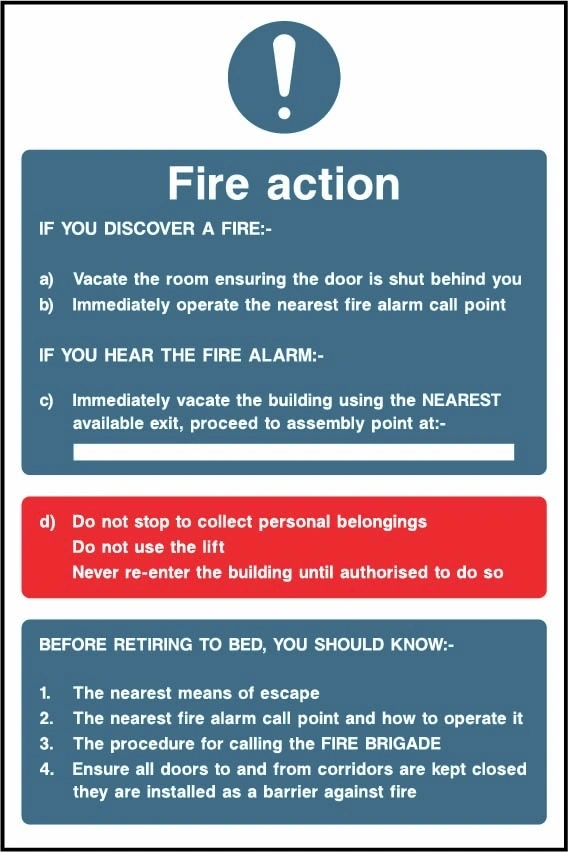 Fire Action printed notice with the original action instructions and layout. Artwork FACT0029.
