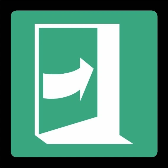 Green and white Door opening direction — Right sign showing right door-opening arrow pictogram. Artwork EMER0058.