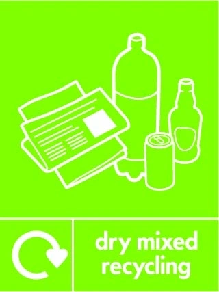 Dry mixed recycling recycling sign showing white recycling arrow and mixed-material illustration and wording on a lime green portrait panel. Artwork MIXE0003.