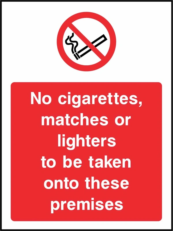 No cigarettes, matches or lighters to be taken onto these premises sign. red prohibition pictogram above a red wording panel. Artwork SMOK0063.