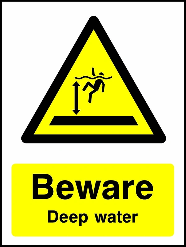 Beware — Deep water sign showing a yellow warning triangle above the printed water or coastal hazard message. Artwork WATE0045.