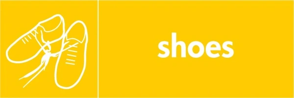 Shoes recycling sign showing white textile illustration and wording on a yellow letterbox panel. Artwork TEXT0007.
